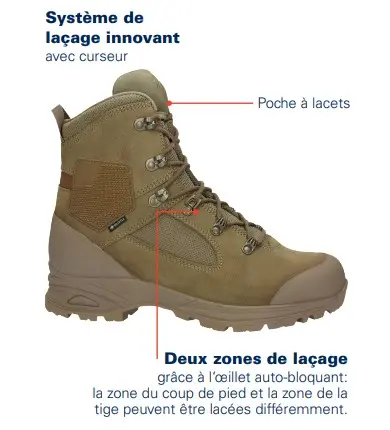 Chaussure militaire sable avec système de laçage innovant, gorge renforcée et semelle crantée; zones de laçage double au niveau pied et tige pour tirage rapide. Chaussure militaire sable avec système de laçage innovant, gorge renforcée et semelle crantée; zones de laçage double au niveau pied et tige pour tirage rapide.