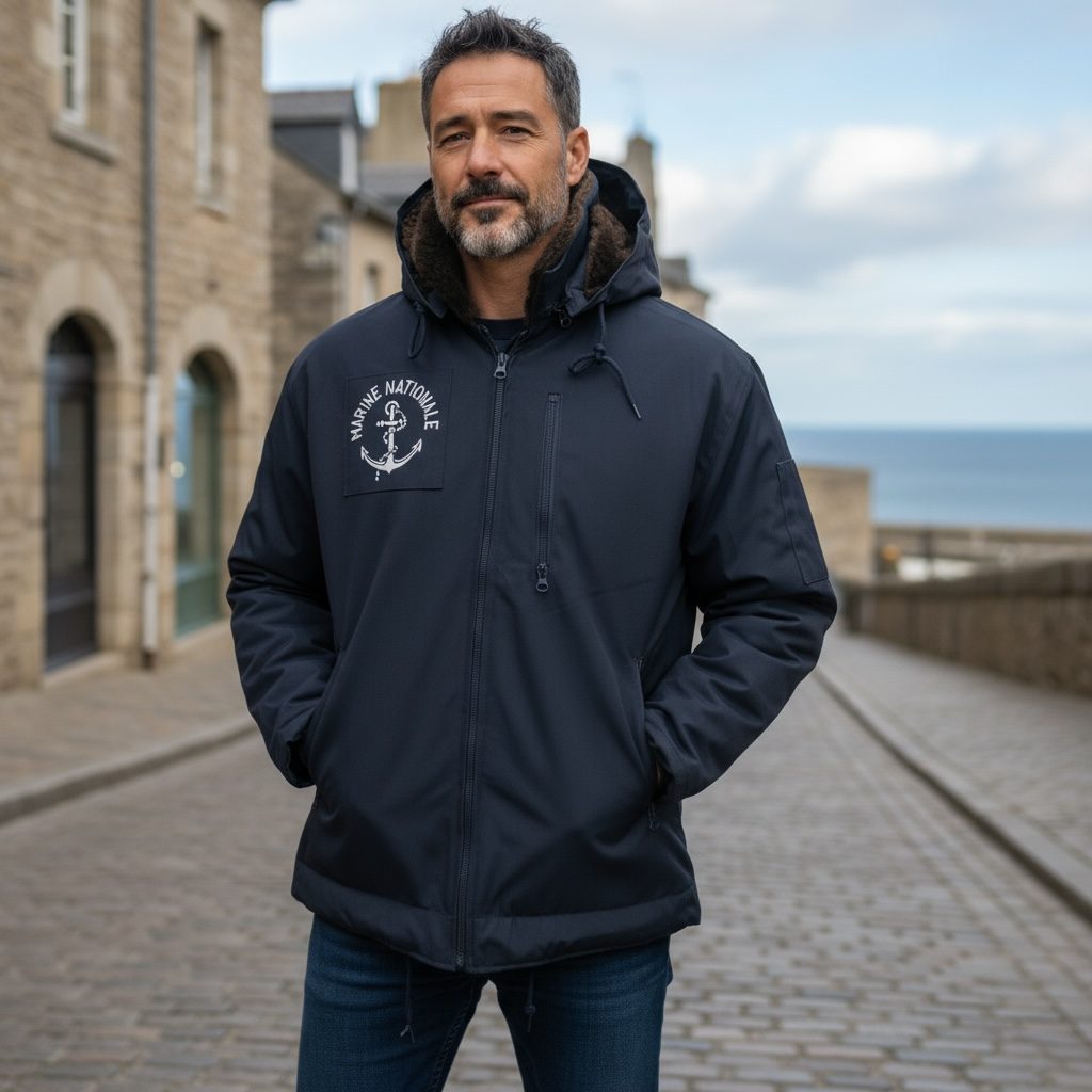 Homme portant veste bleu marine à capuche avec badge Marine Nationale sur la poitrine, en rue pavée près de la côte. Homme portant veste bleu marine à capuche avec badge Marine Nationale sur la poitrine, en rue pavée près de la côte.
