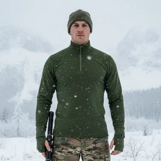 Homme en polo vert olive à fermeture éclair sur le haut, bonnet gris, tenue militaire en milieu enneigé avec fusil dans la main. Homme en polo vert olive à fermeture éclair sur le haut, bonnet gris, tenue militaire en milieu enneigé avec fusil dans la main.
