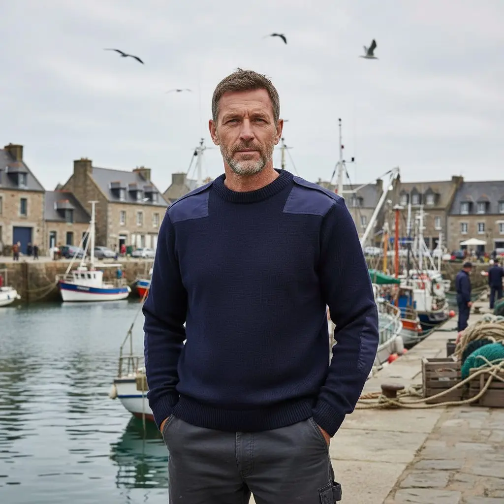 Homme debout au port, polo bleu marine avec épaules renforcées, pantalon gris, docks et bateaux en arrière-plan.