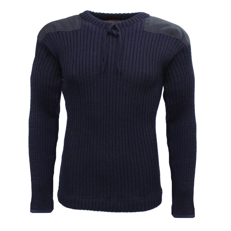 pull en maille bleu marine à col rond avec épaulettes en simili cuir et liens sur le devant, style militaire outdoor pull en maille bleu marine à col rond avec épaulettes en simili cuir et liens sur le devant, style militaire outdoor