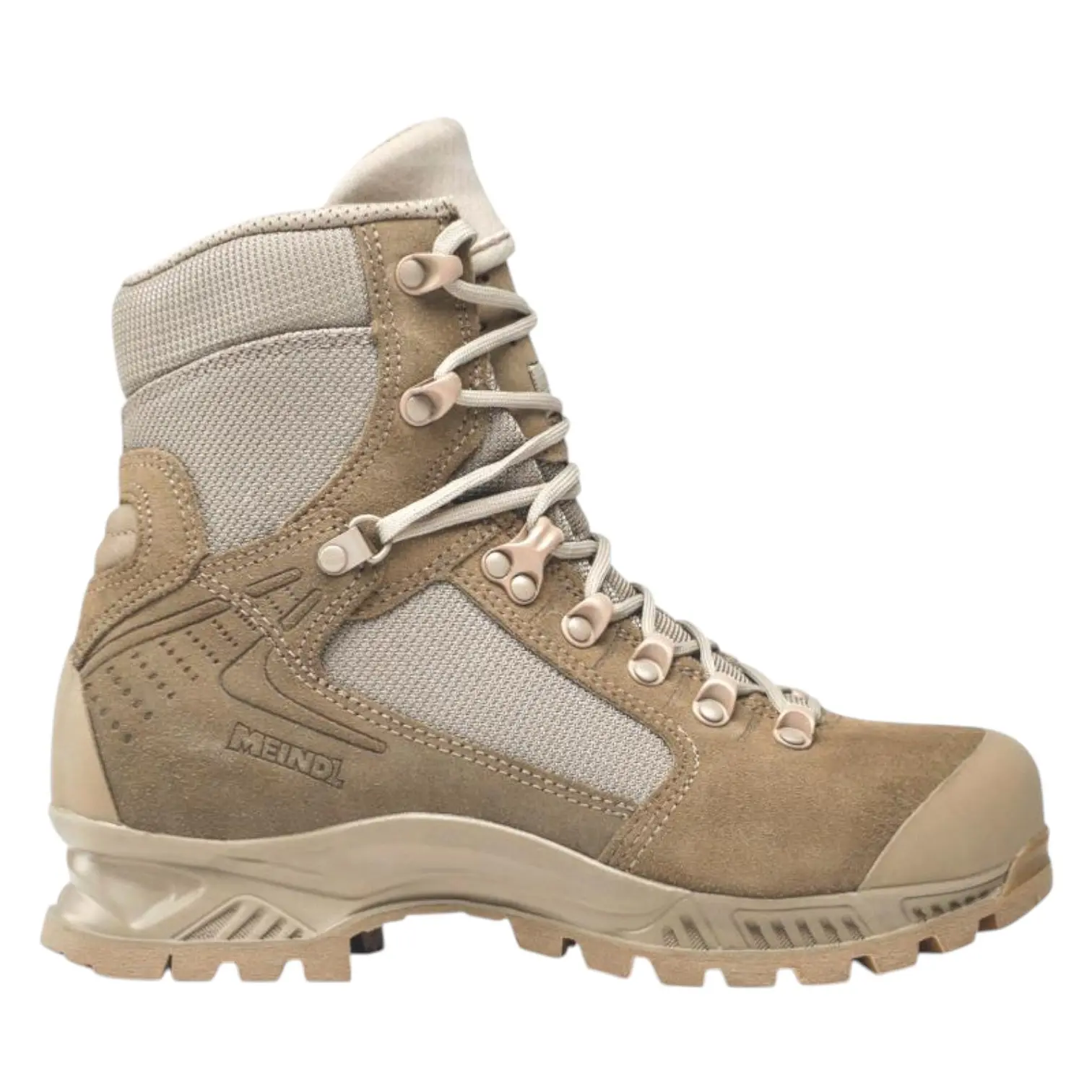 Botte de trekking beige en cuir et tissu, lacets montants, semelles crantées, badge Méindl, style militaire outdoor.