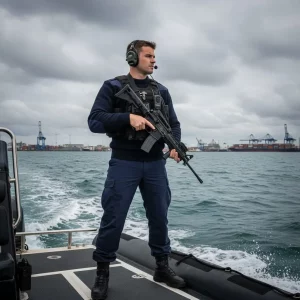 soldat équipé tactique debout sur un bateau, arme à feu, gilet et casque audio, horizon portuaire et conteneurs en arrière-plan.