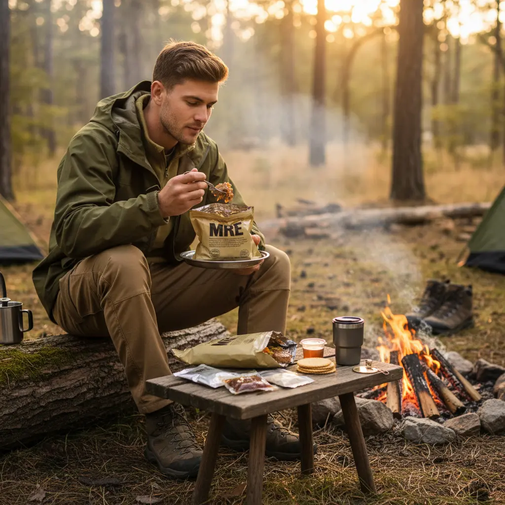 Homme en vêtements militaires déguste un repas en camping près d’un feu, tablette avec nourriture et gourde, forêt en arrière-plan.