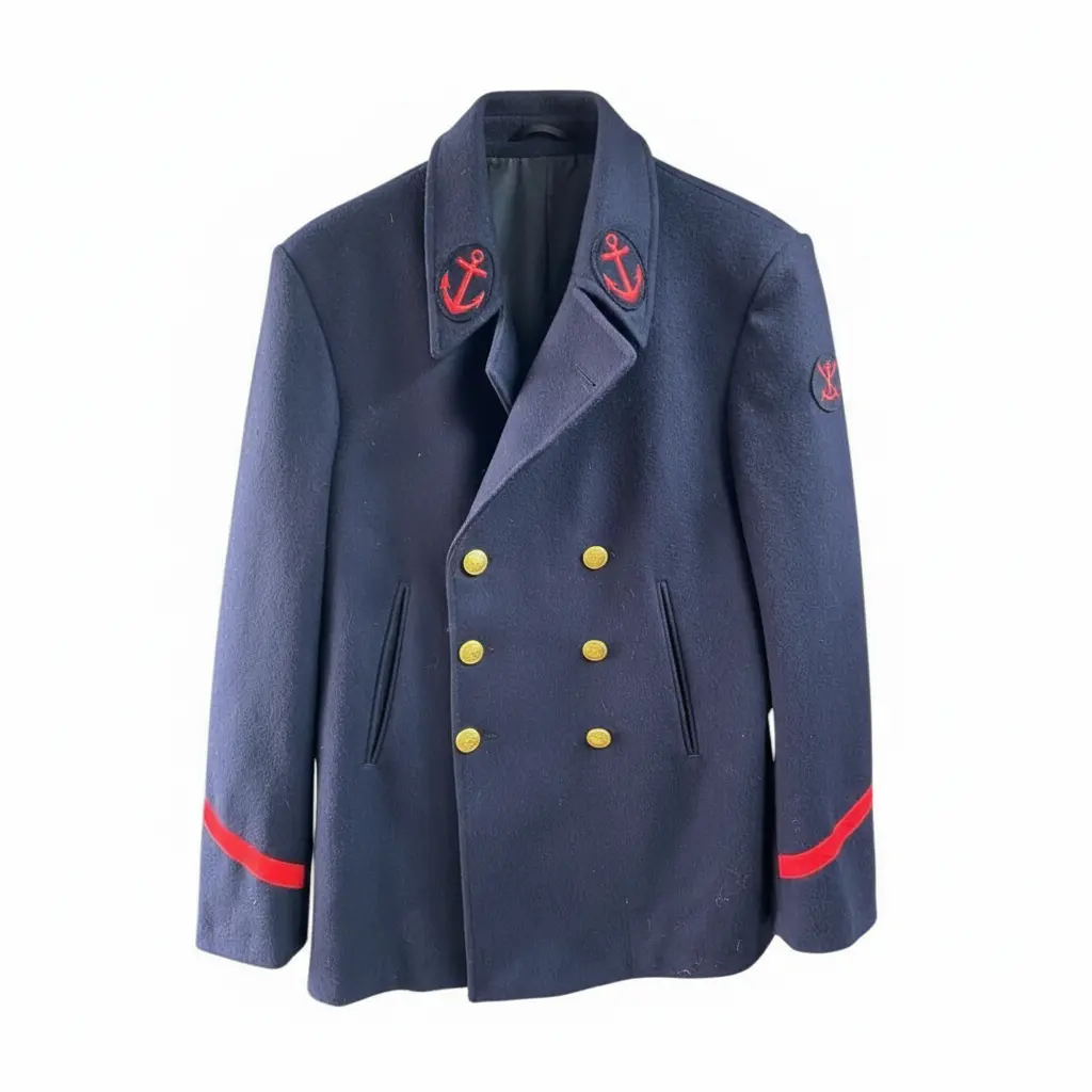 Veste militaire double-breast marine à boutons dorés, insignes d’ancre rouge sur col et épaule, with brass accents et bandes rouges sur les manches.