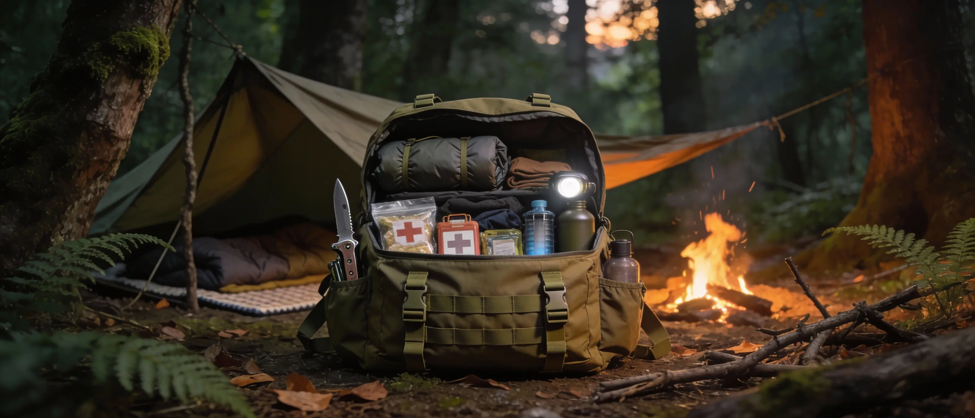 Sac à dos tactique ouvert au campement en forêt: matériel de survie, trousse de soins, bouteilles et lampe, près d’un feu et d’une tente. Sac à dos tactique ouvert au campement en forêt: matériel de survie, trousse de soins, bouteilles et lampe, près d’un feu et d’une tente.