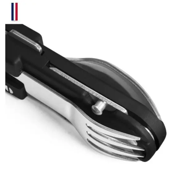 Fourchette-limeur pliable avec lame métallique et poignée noire, outil compact pour coupe/saignée en extérieur.