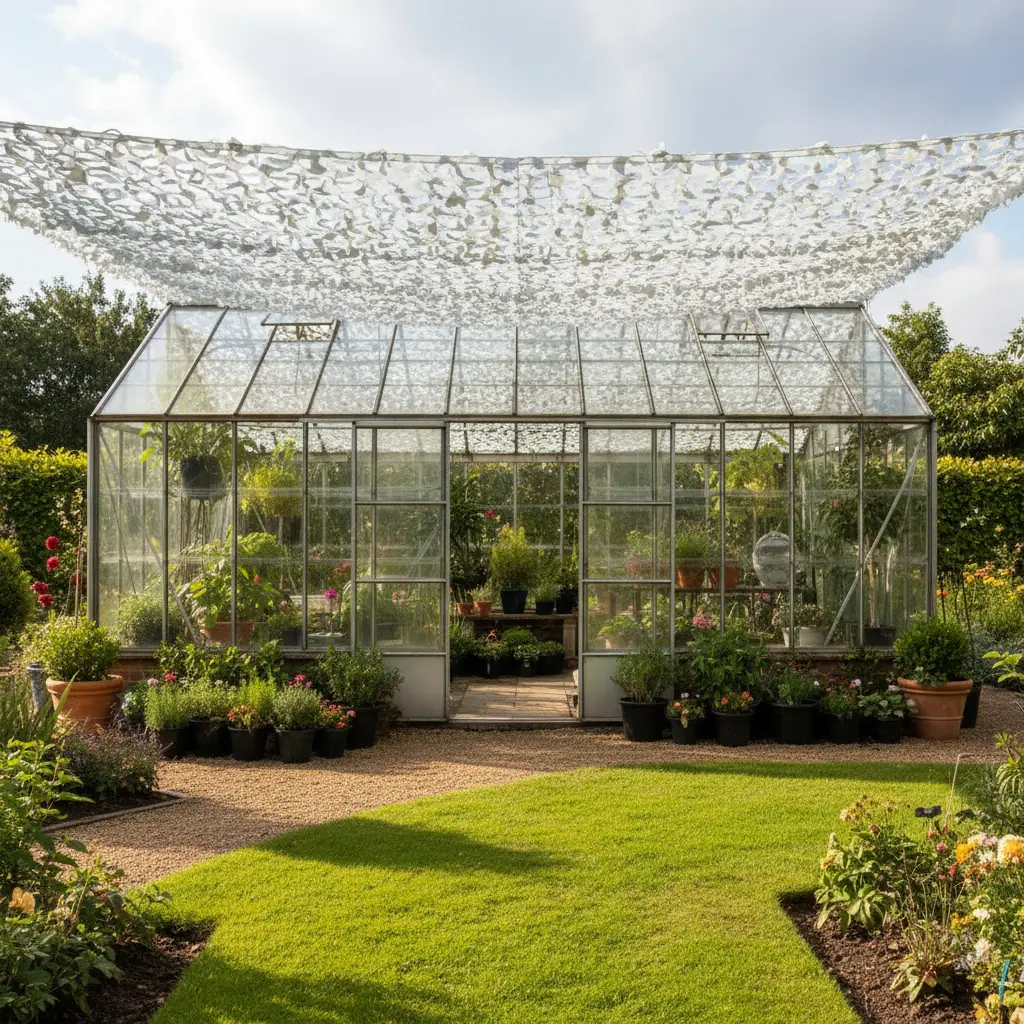 Serre en verre et métal entourée d’un jardin soigné avec plantes en pots et allée en gravier; ombrage camouflage au-dessus. Serre en verre et métal entourée d’un jardin soigné avec plantes en pots et allée en gravier; ombrage camouflage au-dessus.