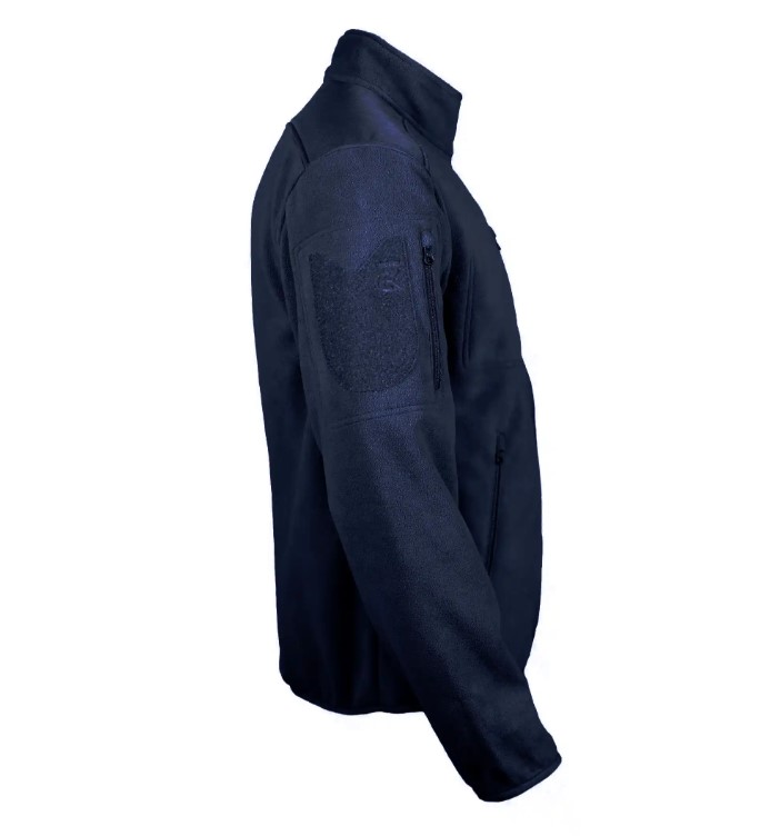 Veste polaire marine GK DUTYCALL pour professionnel et outdoor, vue de profil montrant empiècement et poche zippée sur le bras.
